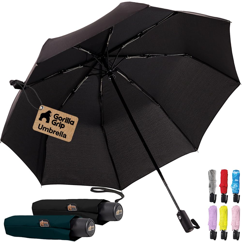 GORILLA GRIP Compact Travel Size Umbrella for Rain, Sleek Design Fits Backpack, Purse and Carry On, Lightweight Under 1lb, One Click Open and Close, Wind Resistant, Durable Waterproof, Cats Dogs
