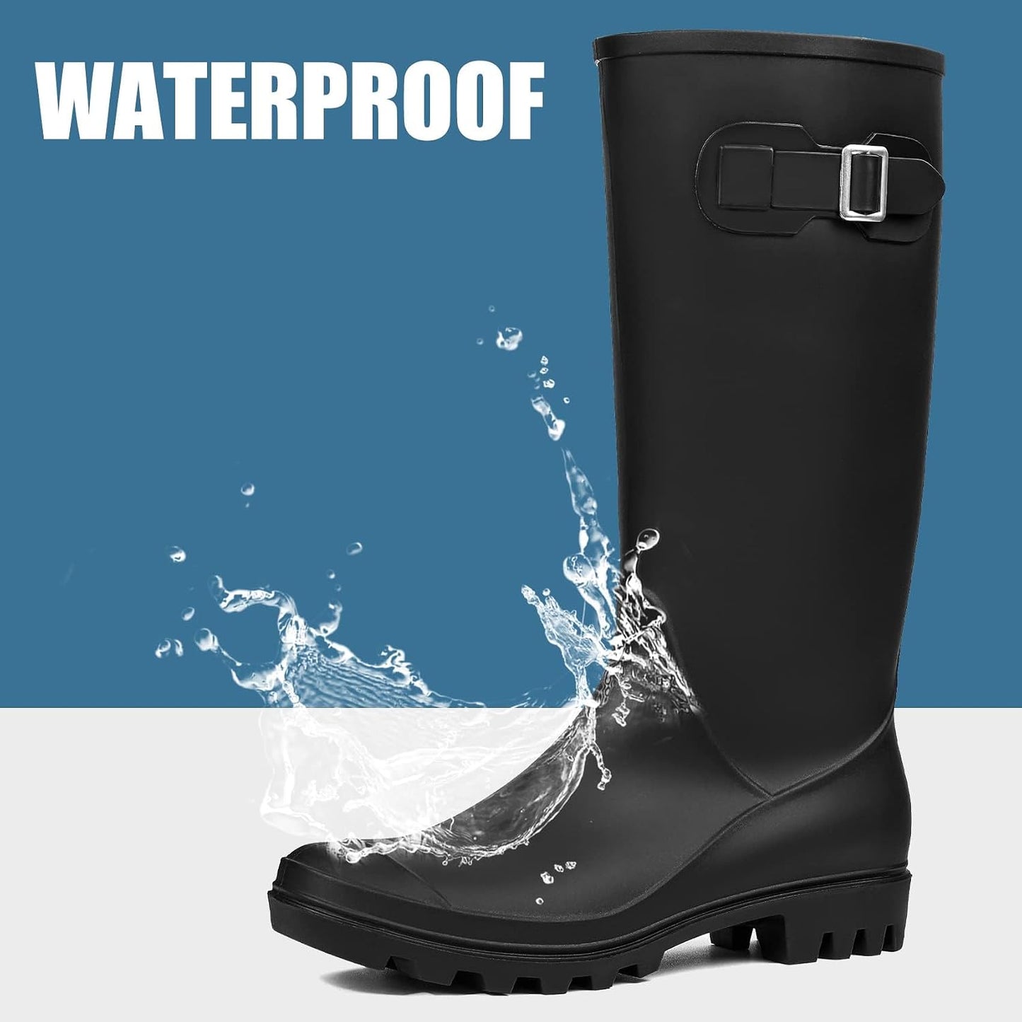 Women's Tall Waterproof Rain Boots Rubber Garden Boots with Buckle | Deep-lug non-slip outsole, breathable polyester lining, removable insole — for gardening, farm chores, rainy dog walks
