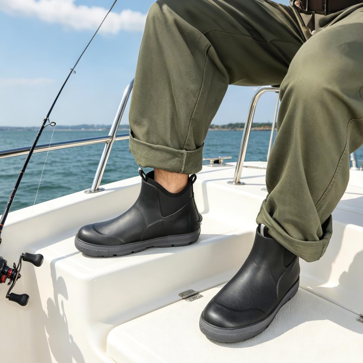 Men's Deck Boots, Waterproof Ankle Rain Boots, Rubber Fishing Boots for Men | Non-Slip Traction, Neoprene Construction, Dual Pull Tabs, Garden Boots for Boating, Sailing, Camping, Farming & Outdoor Work