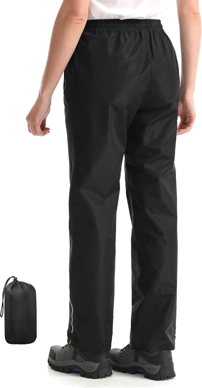iCreek Women's Rain Pants Packable Waterproof Lightweight Hiking Over Pants | Zipper Pockets, Pants Leg Reflective Strip, Hook & Loop, Storage Pouch, for Hiking, Fishing, Golf, Work, Daily Wear