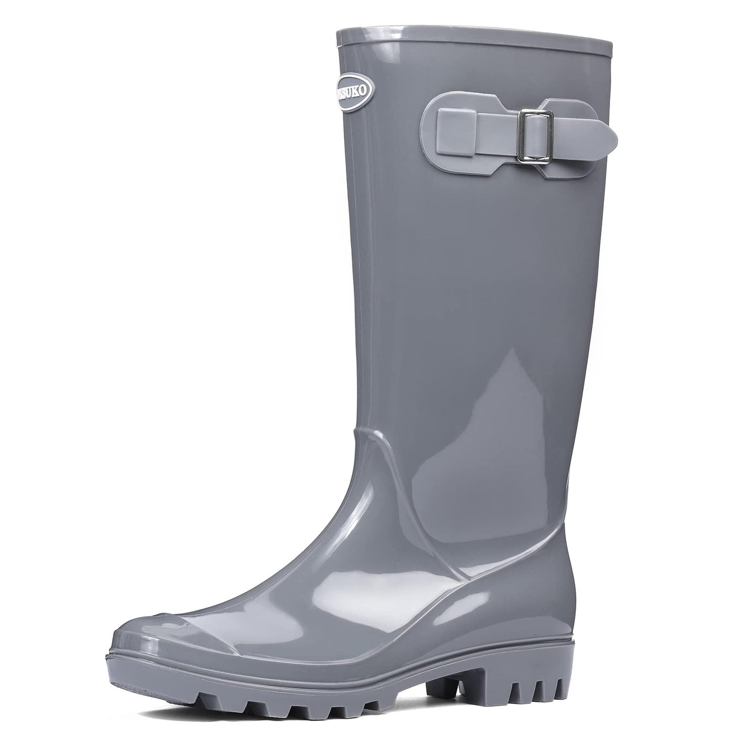 Women's Tall Waterproof Rain Boots Rubber Garden Boots with Buckle | Deep-lug non-slip outsole, breathable polyester lining, removable insole — for gardening, farm chores, rainy dog walks