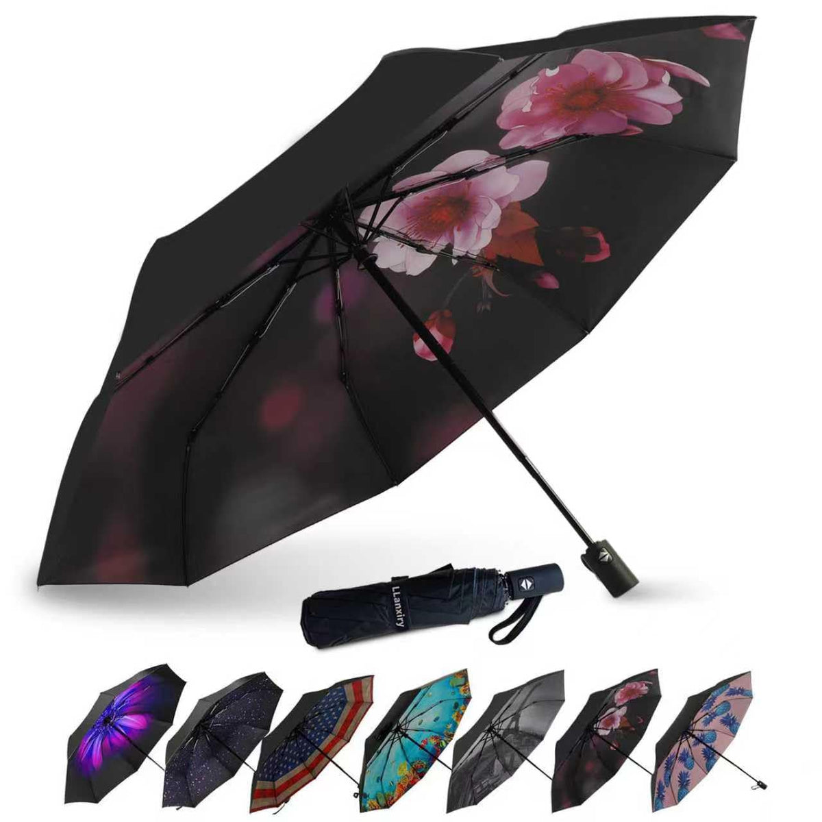 LLanxiry Compact Travel Umbrella, Windproof Automatic Umbrellas for Rain | Small, Portable, Folding, Lightweight, Waterproof, Backpacks, Purses, Cars, Commuting, Walk, School, Men, Women