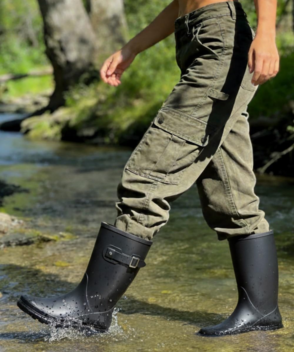 Evshine Women's Mid Calf Rain Boots Waterproof Garden Wellies with Buckle | Lightweight, Non-Slip, Ideal for Gardening, Farm Work, Rainy Days, Comfort Fit