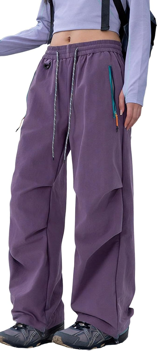 FEOYA Hiking Pants Women Parachute Pants Baggy Quick-Dry Water-Repellent | with Zipper Large Pockets Outdoor Travel Cargo Pants Casual Wear
