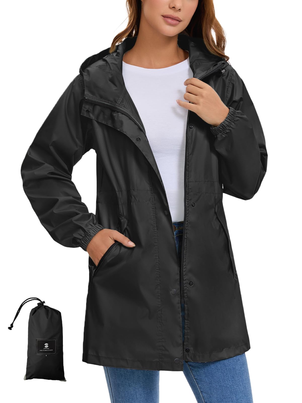 SaphiRose Women's Lightweight Long Rain Jacket Packable Raincoat Hooded Outdoor Trench Coats