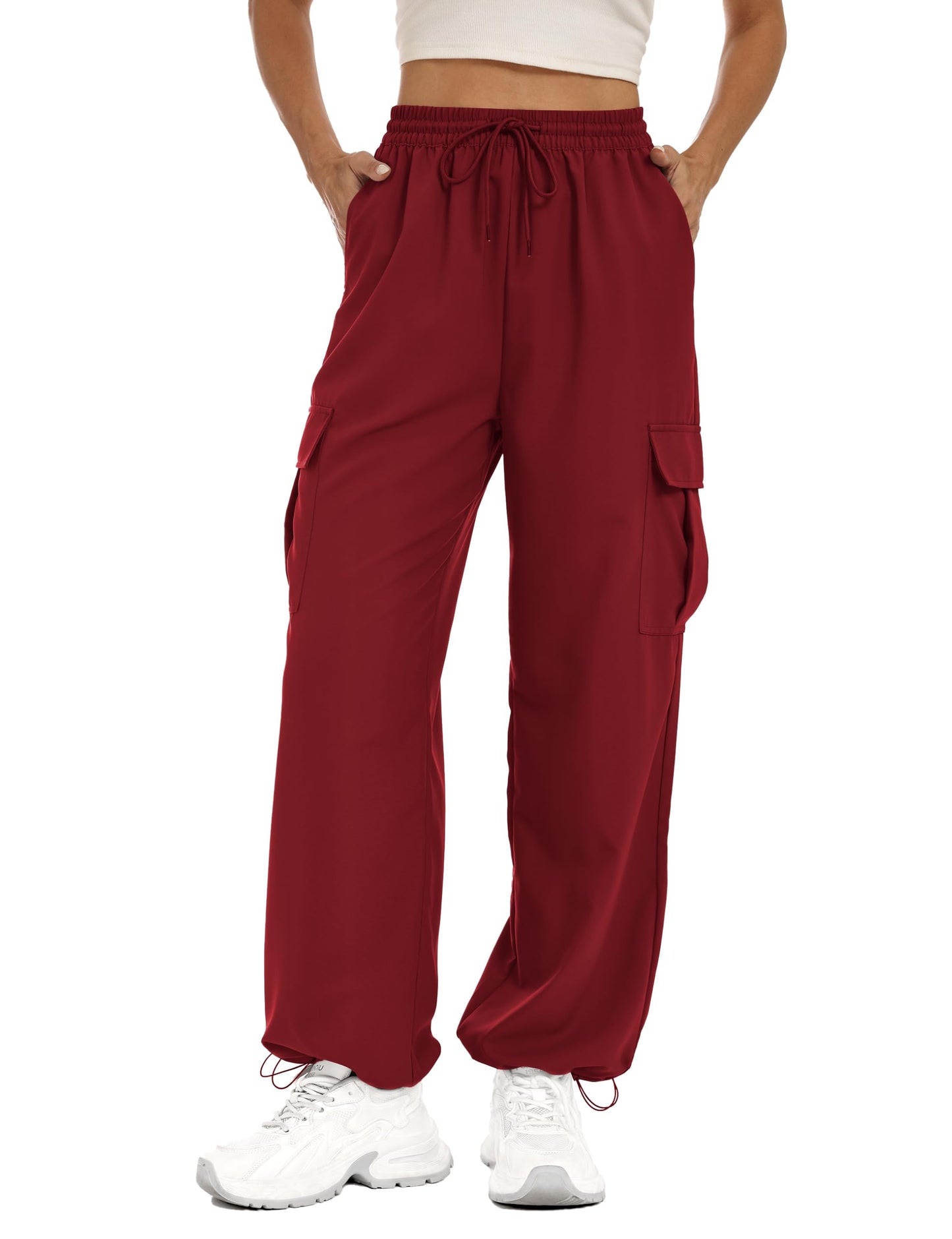 Lzzidou Womens Hiking Pants Water Resistant Parachute Cargo Pants 4 Pockets | Baggy Joggers, Quick Dry, Lightweight, High Waist, Adjustable Cuffs for Camping, Fishing and Outdoor Wear