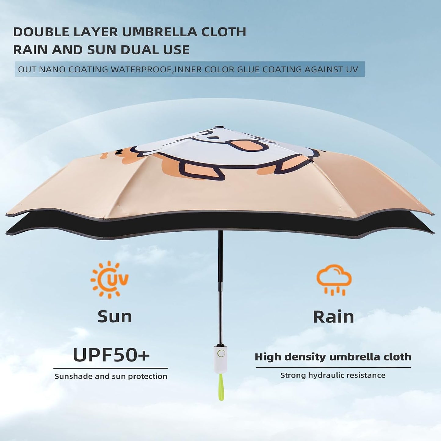 Rounded Corner Folding Umbrella Anti-UV Compact Durable Umbrella Auto Open/Close Lightweight Backpack Cute Cartoon Umbrella for Girls & Boys