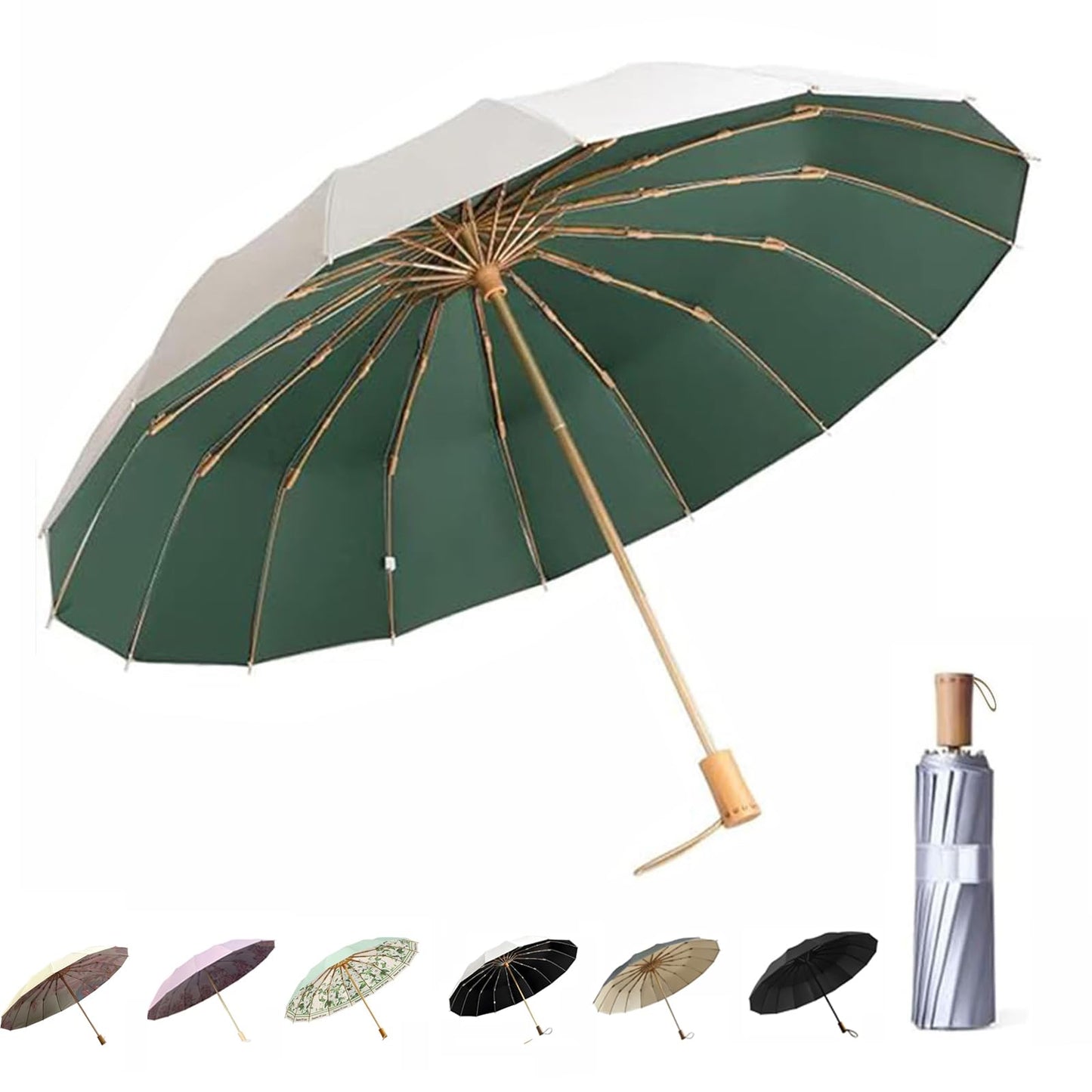 Compact Umbrellas For Rain and Sun UPF 50+ UV Protection Travel Size Windproof waterproofing and Strong Travel Essentials for Men Women 16 Ribs Wooden Handle Pink Backpacks Car Birthday Gifts For Women Lightweight 0.85LB