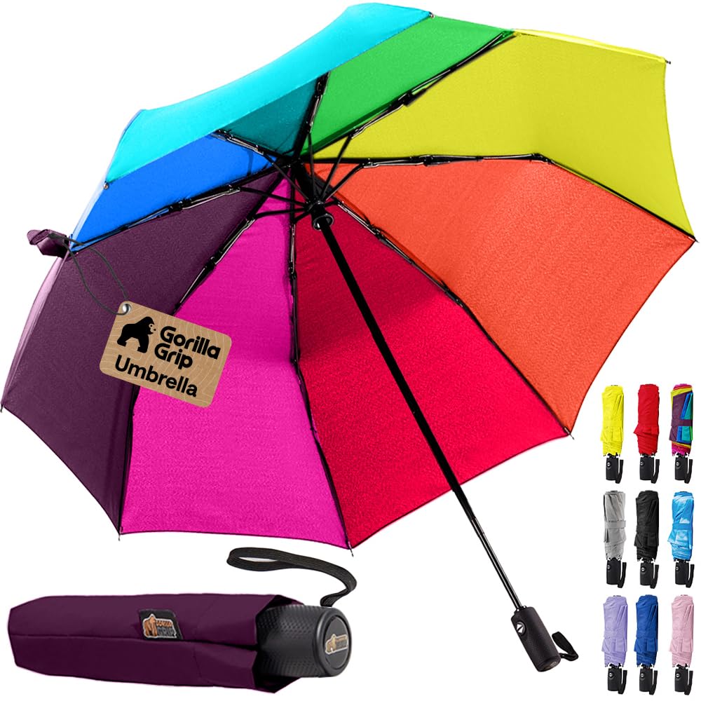 GORILLA GRIP Compact Travel Size Umbrella for Rain, Sleek Design Fits Backpack, Purse and Carry On, Lightweight Under 1lb, One Click Open and Close, Wind Resistant, Durable Waterproof, Cats Dogs