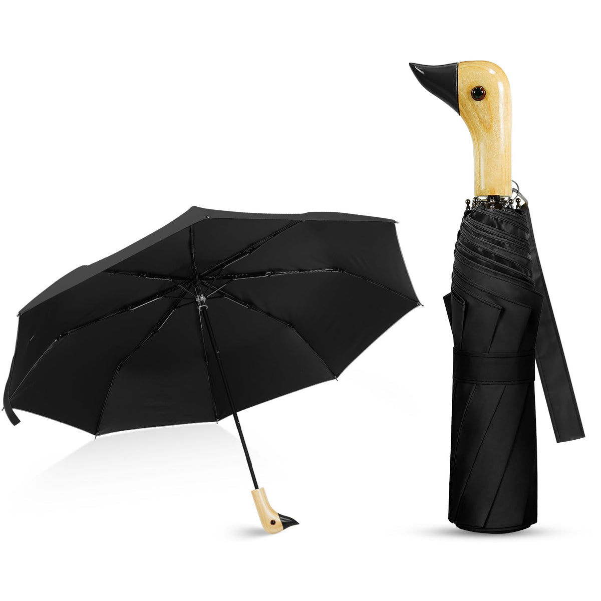 Cute Duck Handle Umbrella Compact Travel Wood Handle Folding for Rain | Cute duck handle for commute/school/trips, daily rain & gifts. Easy to carry with 17 inch fold, 42 inch arc