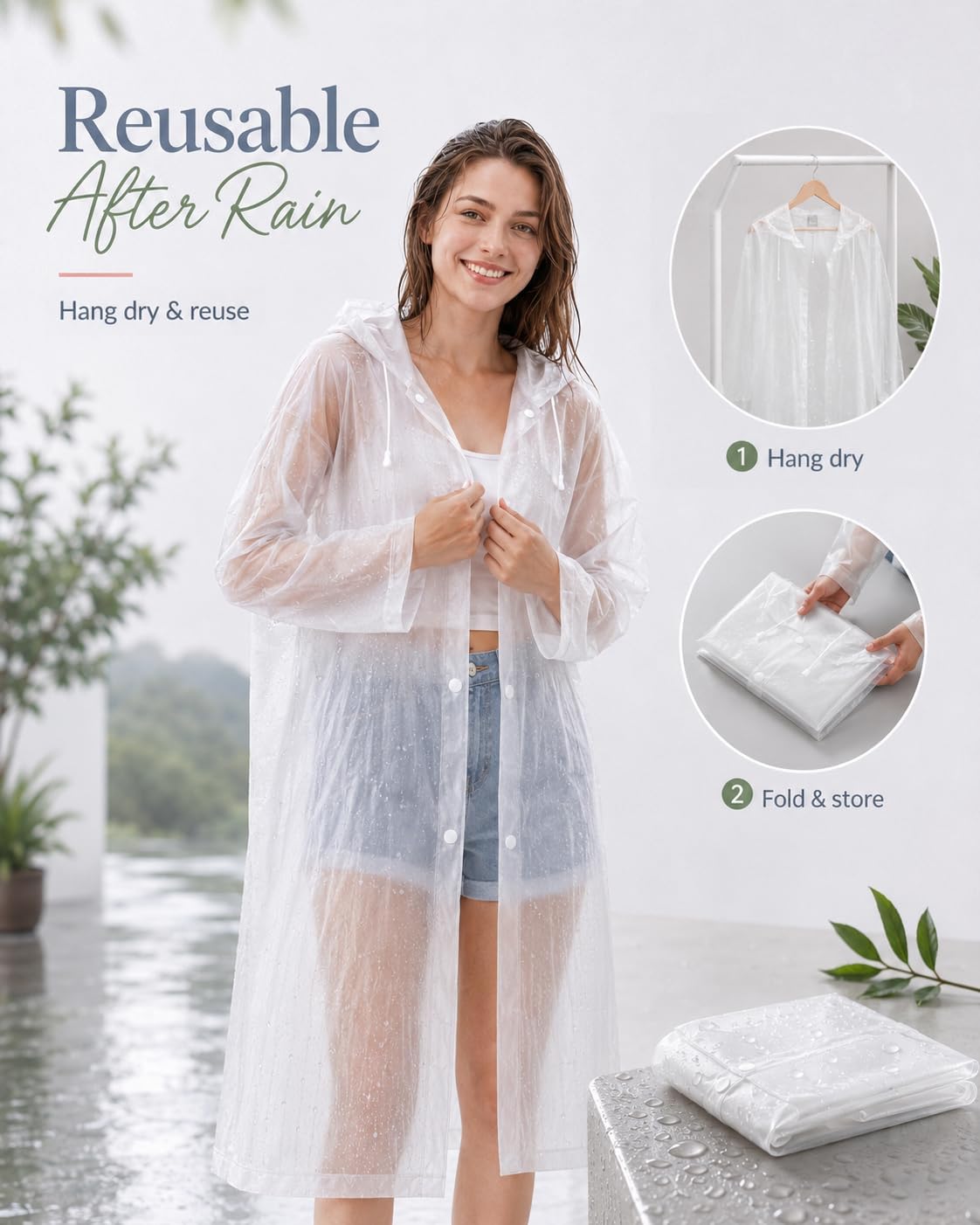 Rain Ponchos for Adults - 4 Pack Reusable EVA Waterproof Rain Jackets | 4-Pack Family Set, Drawstring Hood Snap Button Fastener Wide Cuff Packable for Theme Park Concert Sports Fishing Emergency