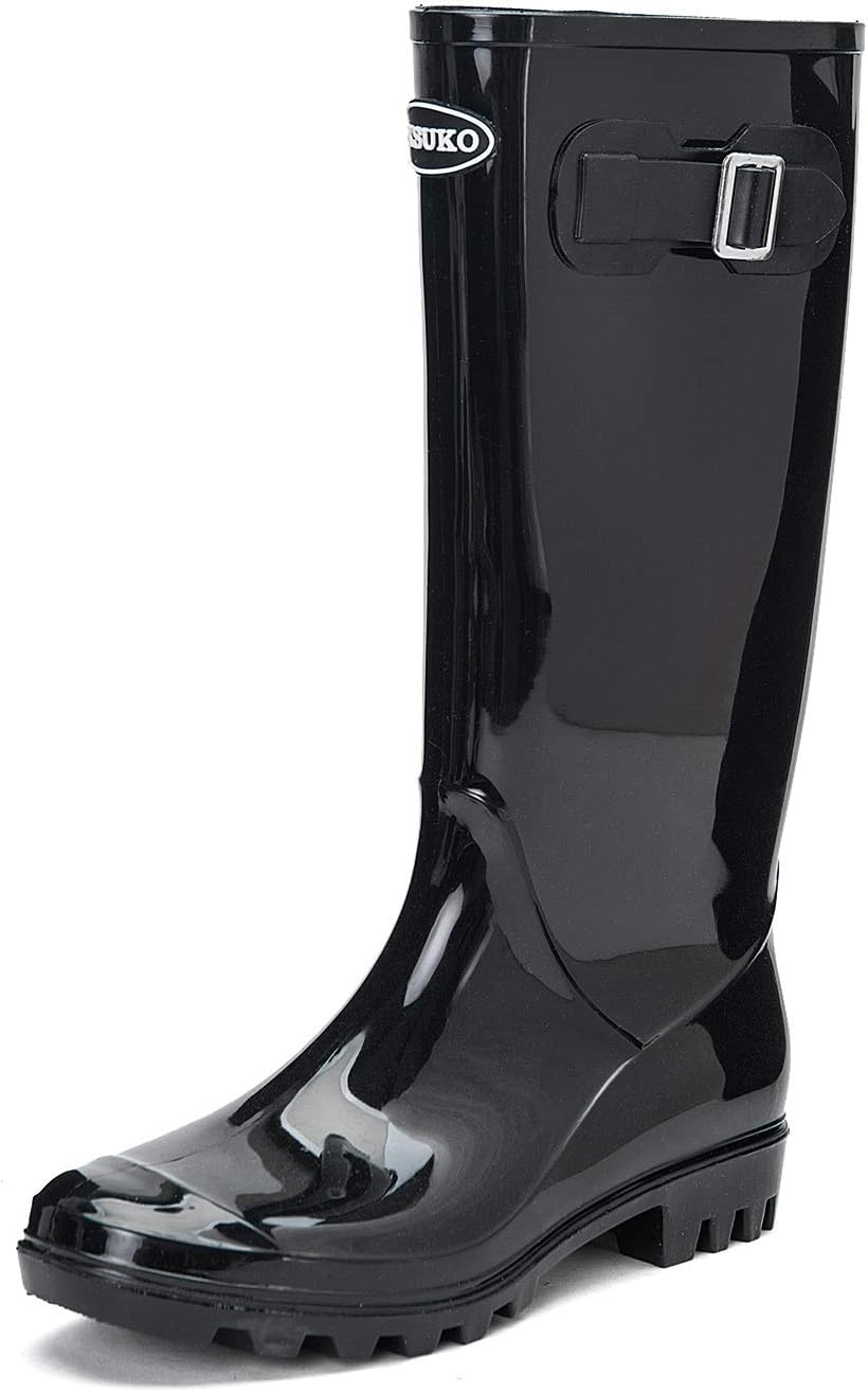 Women's Tall Waterproof Rain Boots Rubber Garden Boots with Buckle | Deep-lug non-slip outsole, breathable polyester lining, removable insole — for gardening, farm chores, rainy dog walks