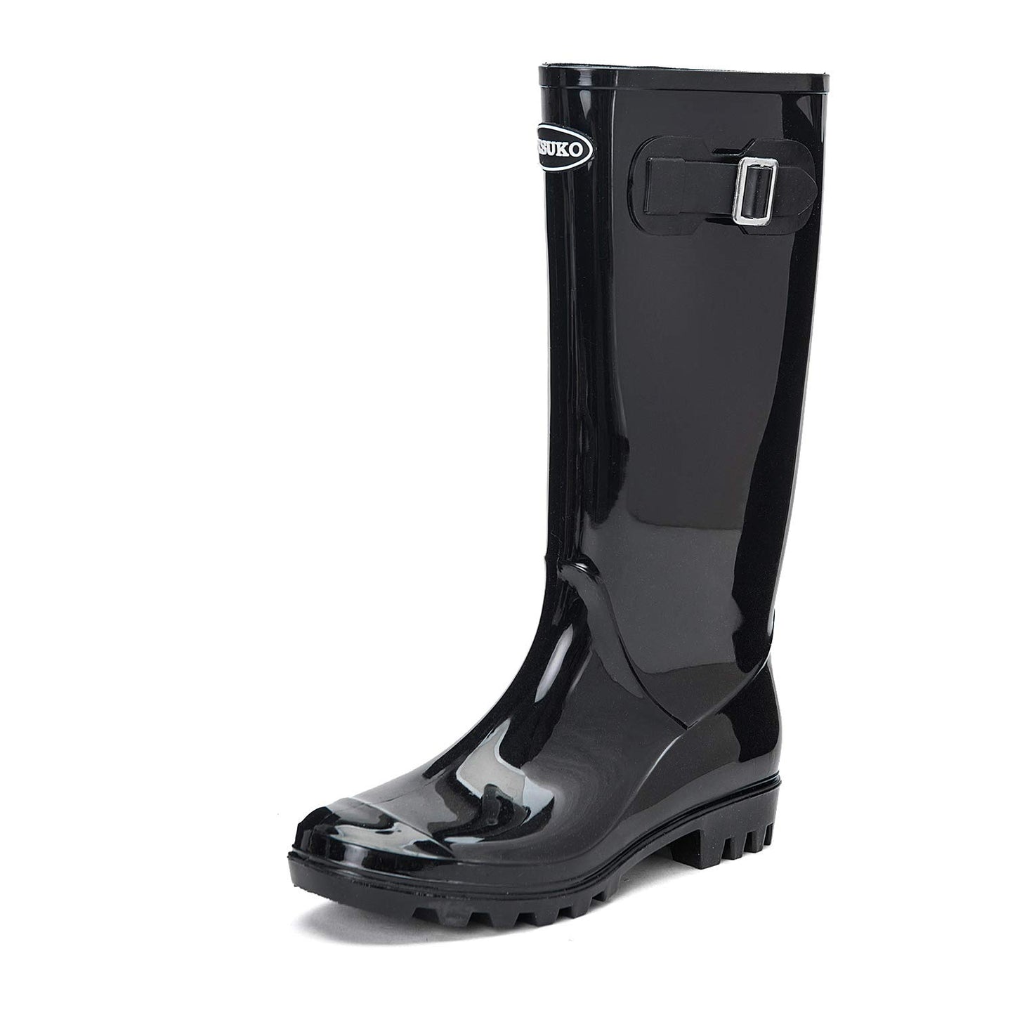 Women's Tall Waterproof Rain Boots Rubber Garden Boots with Buckle | Deep-lug non-slip outsole, breathable polyester lining, removable insole — for gardening, farm chores, rainy dog walks