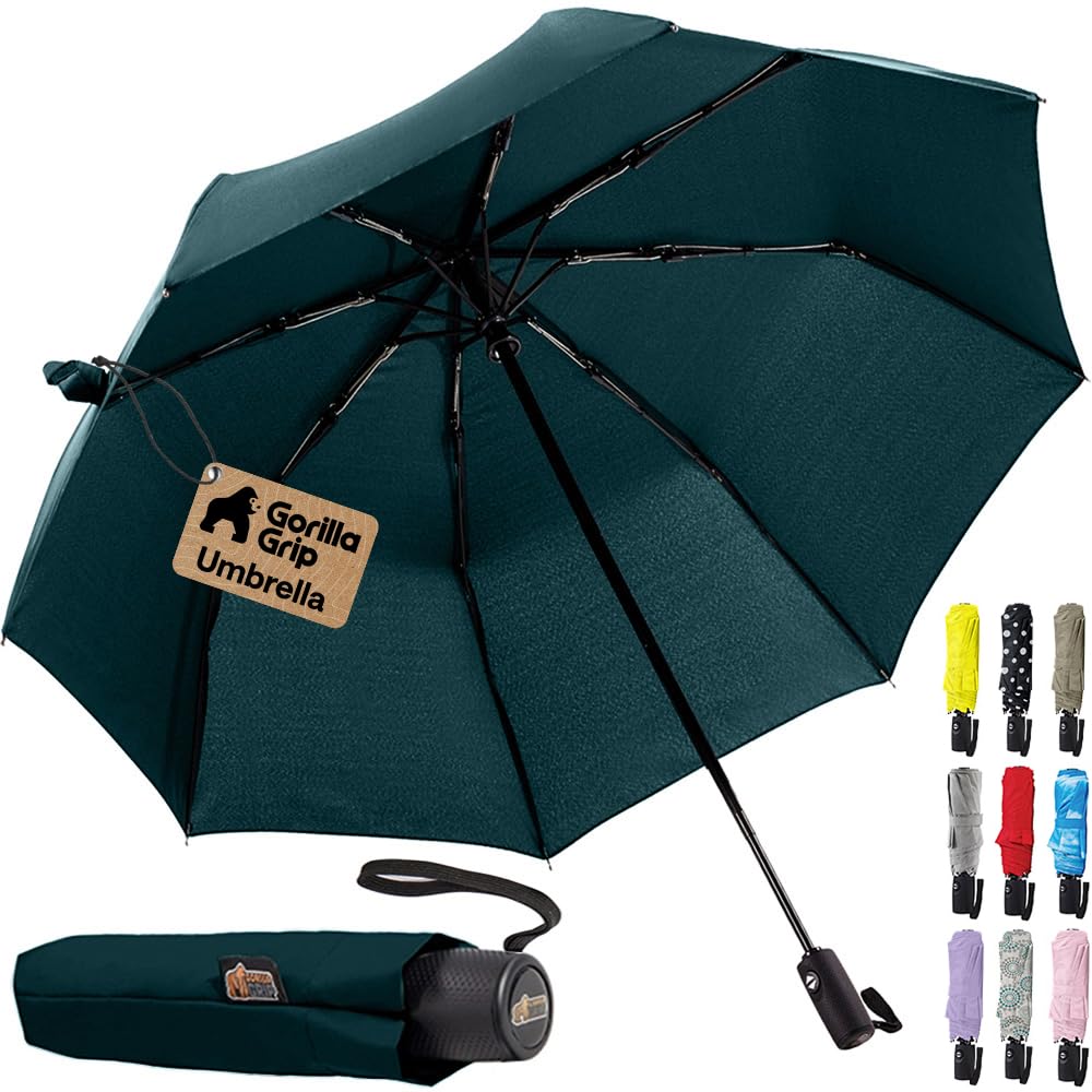 GORILLA GRIP Compact Travel Size Umbrella for Rain, Sleek Design Fits Backpack, Purse and Carry On, Lightweight Under 1lb, One Click Open and Close, Wind Resistant, Durable Waterproof, Cats Dogs
