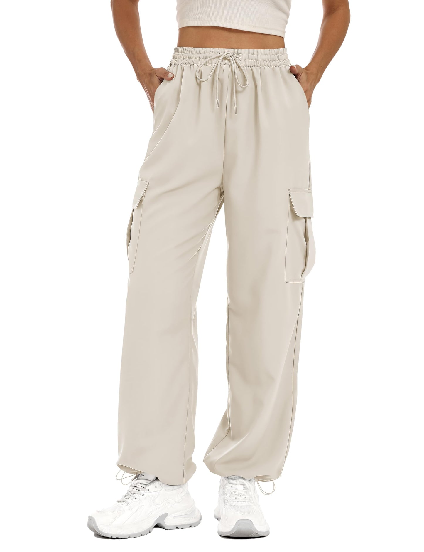 Lzzidou Womens Hiking Pants Water Resistant Parachute Cargo Pants 4 Pockets | Baggy Joggers, Quick Dry, Lightweight, High Waist, Adjustable Cuffs for Camping, Fishing and Outdoor Wear
