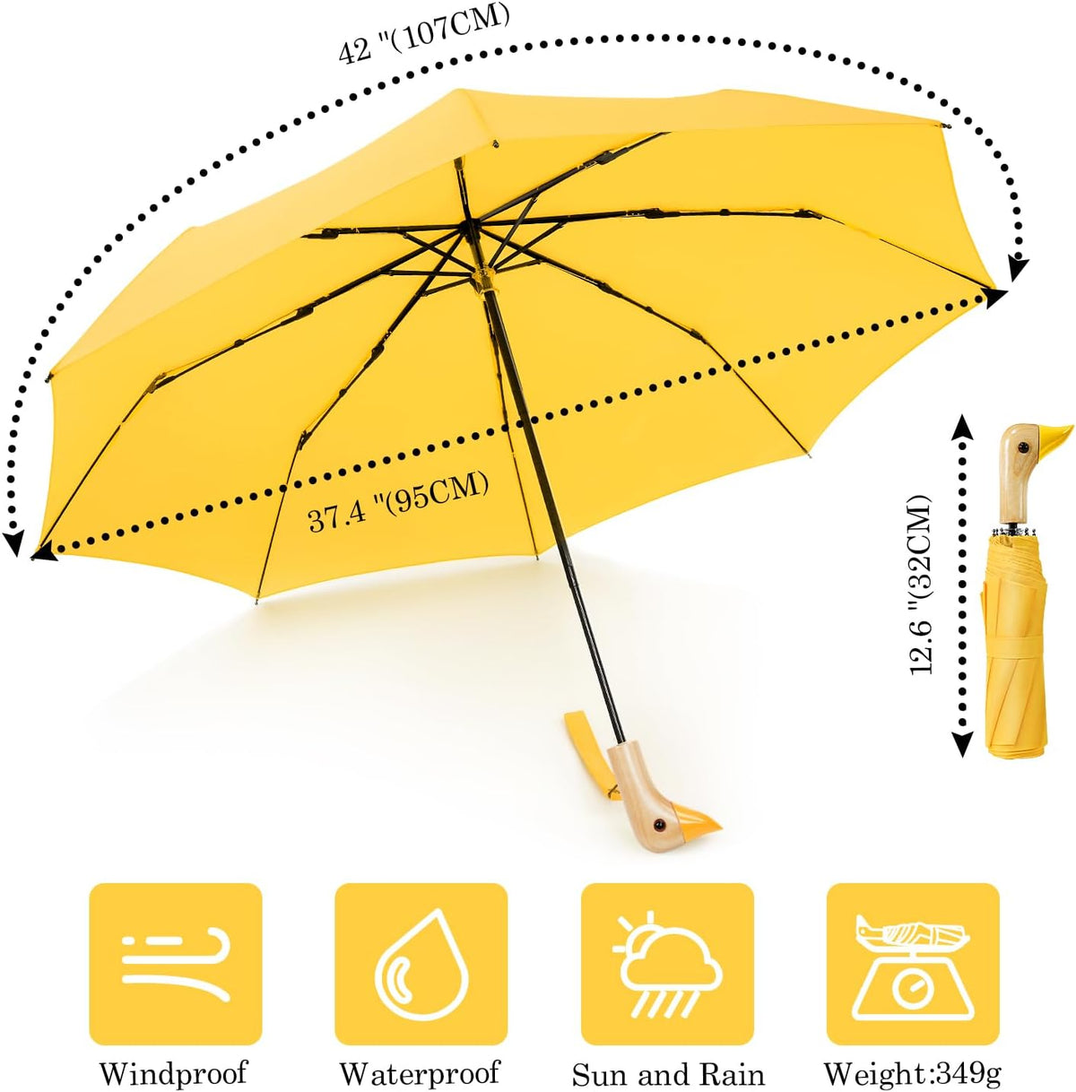 Cute Duck Handle Umbrella Compact Travel Wood Handle Folding for Rain | Cute duck handle for commute/school/trips, daily rain & gifts. Easy to carry with 17 inch fold, 42 inch arc