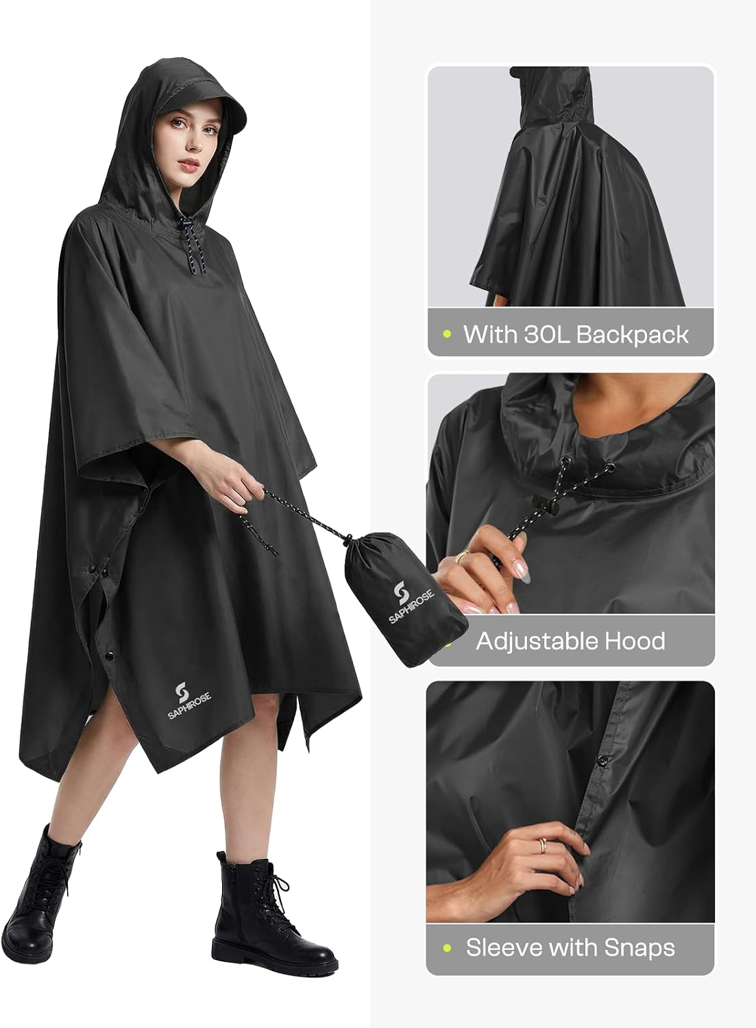 SaphiRose Hooded Rain Poncho Waterproof Raincoat Jacket for Men Women Adults