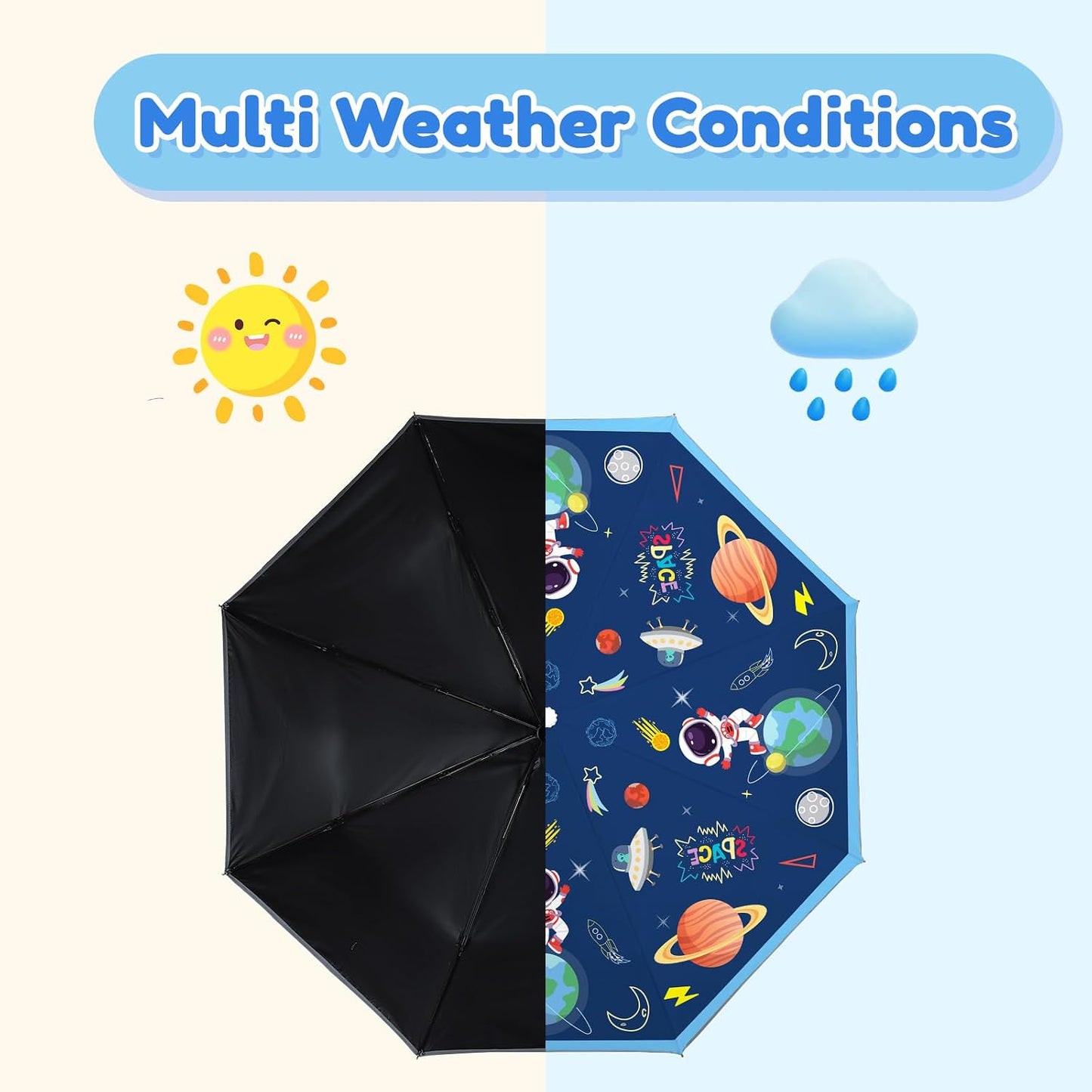 Autoamtic Kids Umbrella UV Resistant, Folding Compact Umbrella 360° Reflective Strip for Travel Outdoor, Lightweight Cute Kids Parasol Anti-rebound Safe for Toddler