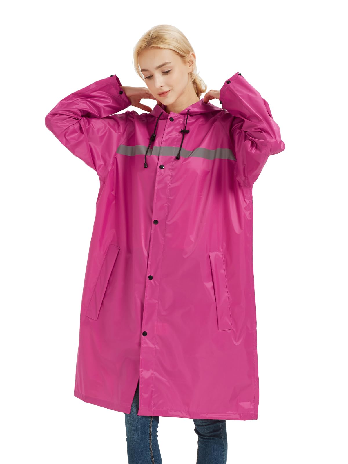 Mens Long Safety Rain Coats with Air Vents Reflective Stripes Waterproof Packable Rain Jacket with Hood Lightweight