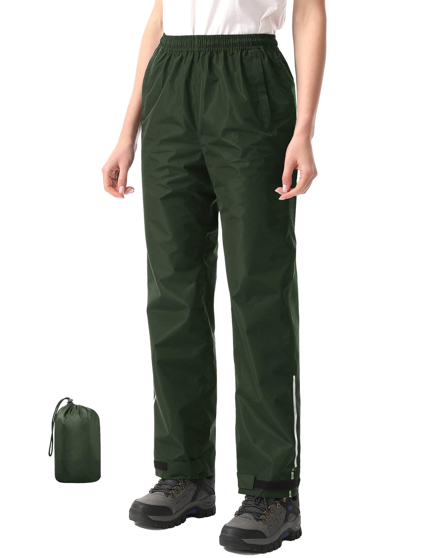 iCreek Women's Rain Pants Packable Waterproof Lightweight Hiking Over Pants | Zipper Pockets, Pants Leg Reflective Strip, Hook & Loop, Storage Pouch, for Hiking, Fishing, Golf, Work, Daily Wear