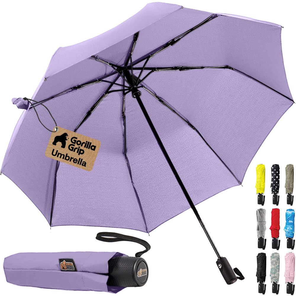 GORILLA GRIP Compact Travel Size Umbrella for Rain, Sleek Design Fits Backpack, Purse and Carry On, Lightweight Under 1lb, One Click Open and Close, Wind Resistant, Durable Waterproof, Cats Dogs