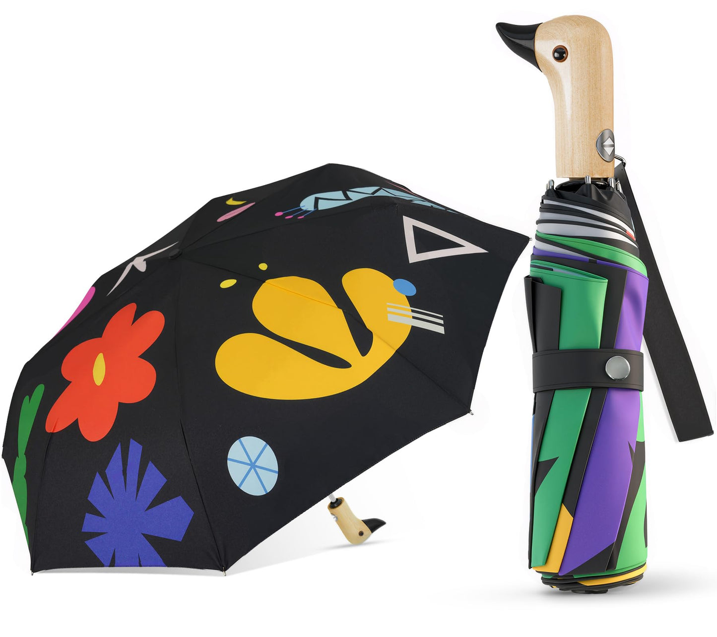 Duck Umbrella Cute Automatic Travel Size Compact Folding for Adults | Automatic duck wooden handle,Fit in handbag/backpack/suitcase,ideal gifts for women and kids