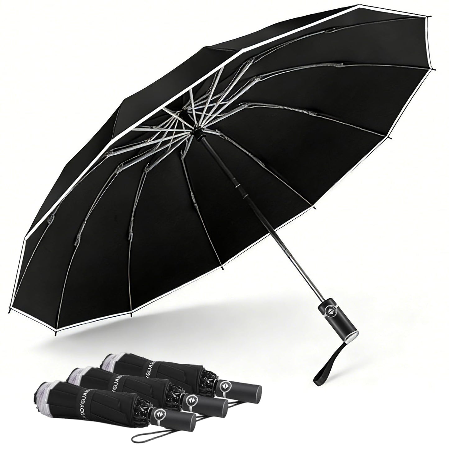 Bodyguard Inverted Umbrella - Large Windproof for Rain & Sun, Compact Reverse With Reflective Stripe, Teflon-Coated for Women Men, Travel Folding With Cover Bag