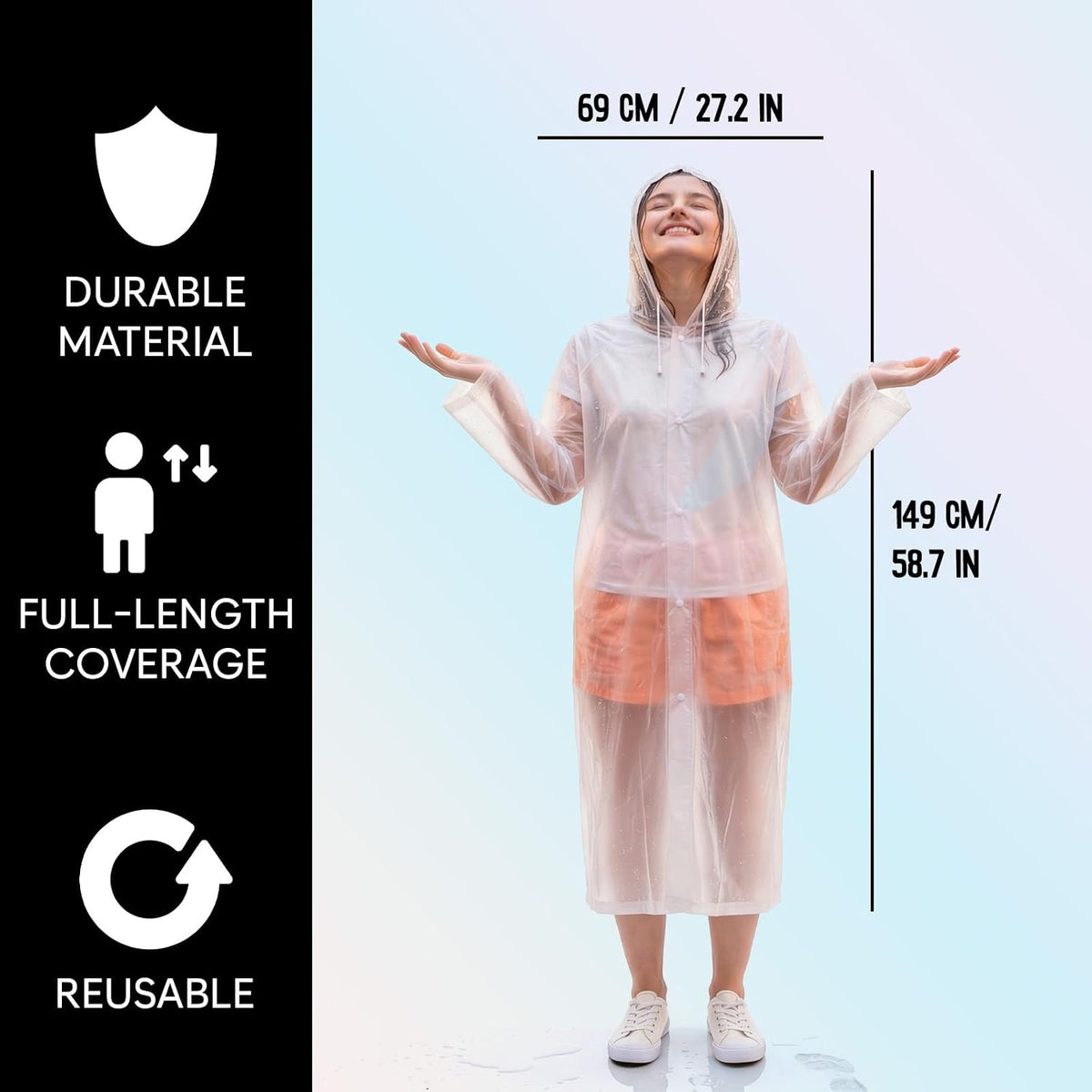 ZENO Rain Coats (2 Pack) - Waterproof Reusable Rain Ponchos with Hood and Snap Buttons - Lightweight, Durable - Raincoat for Men & Women - Clear Unisex Design
