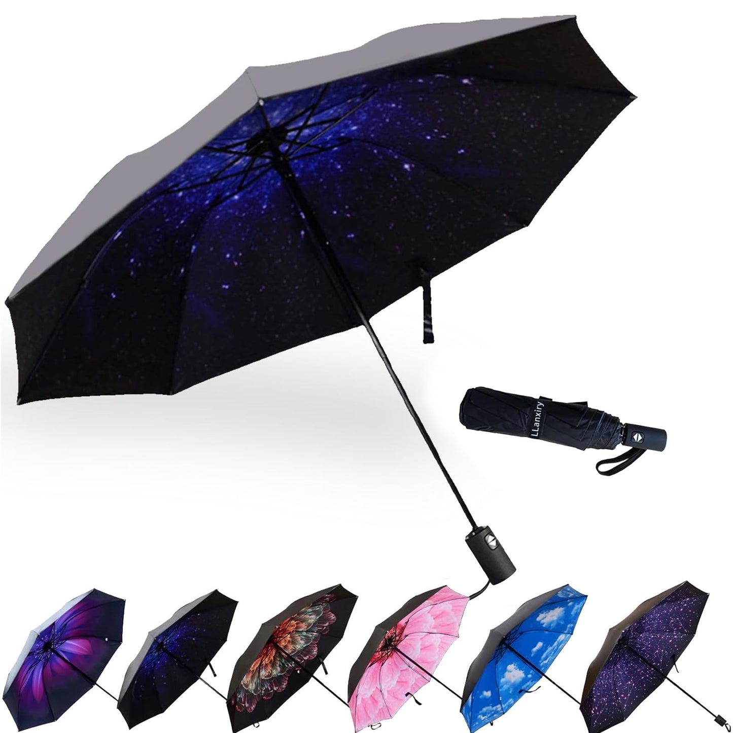 LLanxiry Compact Travel Umbrella, Windproof Automatic Umbrellas for Rain | Small, Portable, Folding, Lightweight, Waterproof, Backpacks, Purses, Cars, Commuting, Walk, School, Men, Women