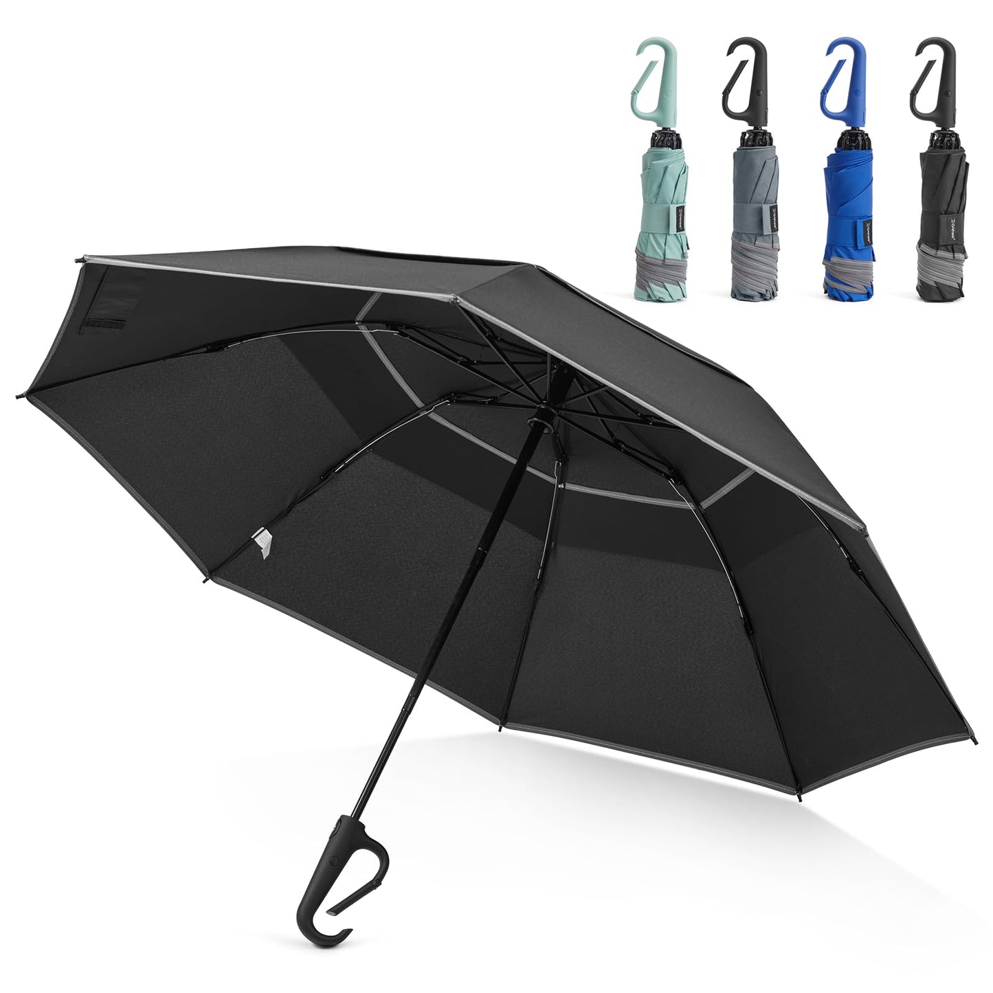 G4Free 46inch Ring Buckle Umbrella, Inverted Design with Carabiner Handle | Compact Travel Umbrella with Reflective Strip, Automatic Windproof for Rain