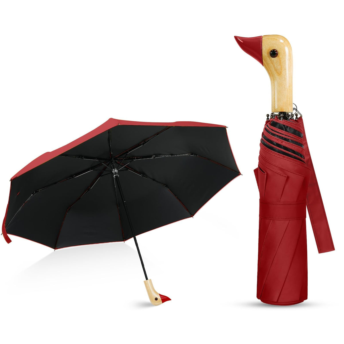 Cute Duck Handle Umbrella Compact Travel Wood Handle Folding for Rain | Cute duck handle for commute/school/trips, daily rain & gifts. Easy to carry with 17 inch fold, 42 inch arc