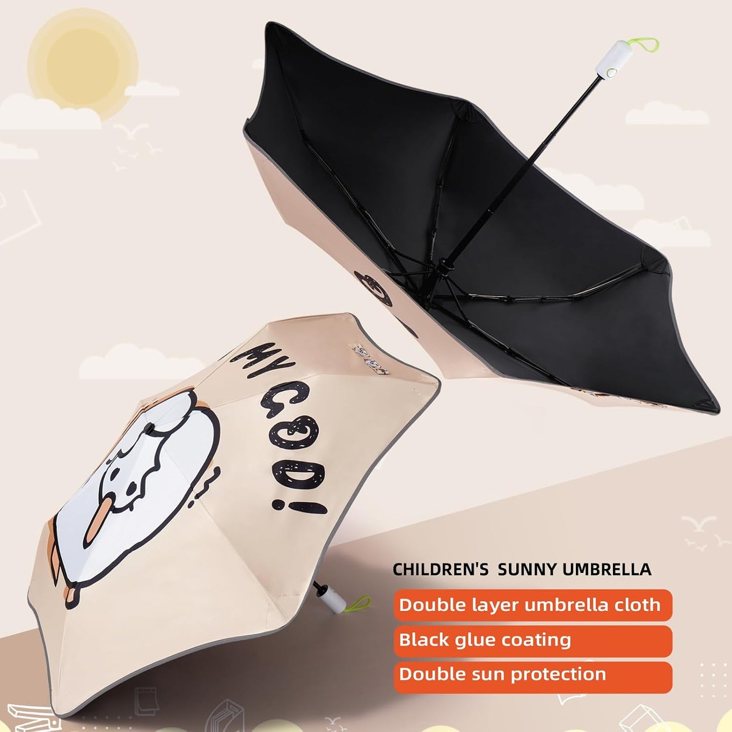 Rounded Corner Folding Umbrella Anti-UV Compact Durable Umbrella Auto Open/Close Lightweight Backpack Cute Cartoon Umbrella for Girls & Boys