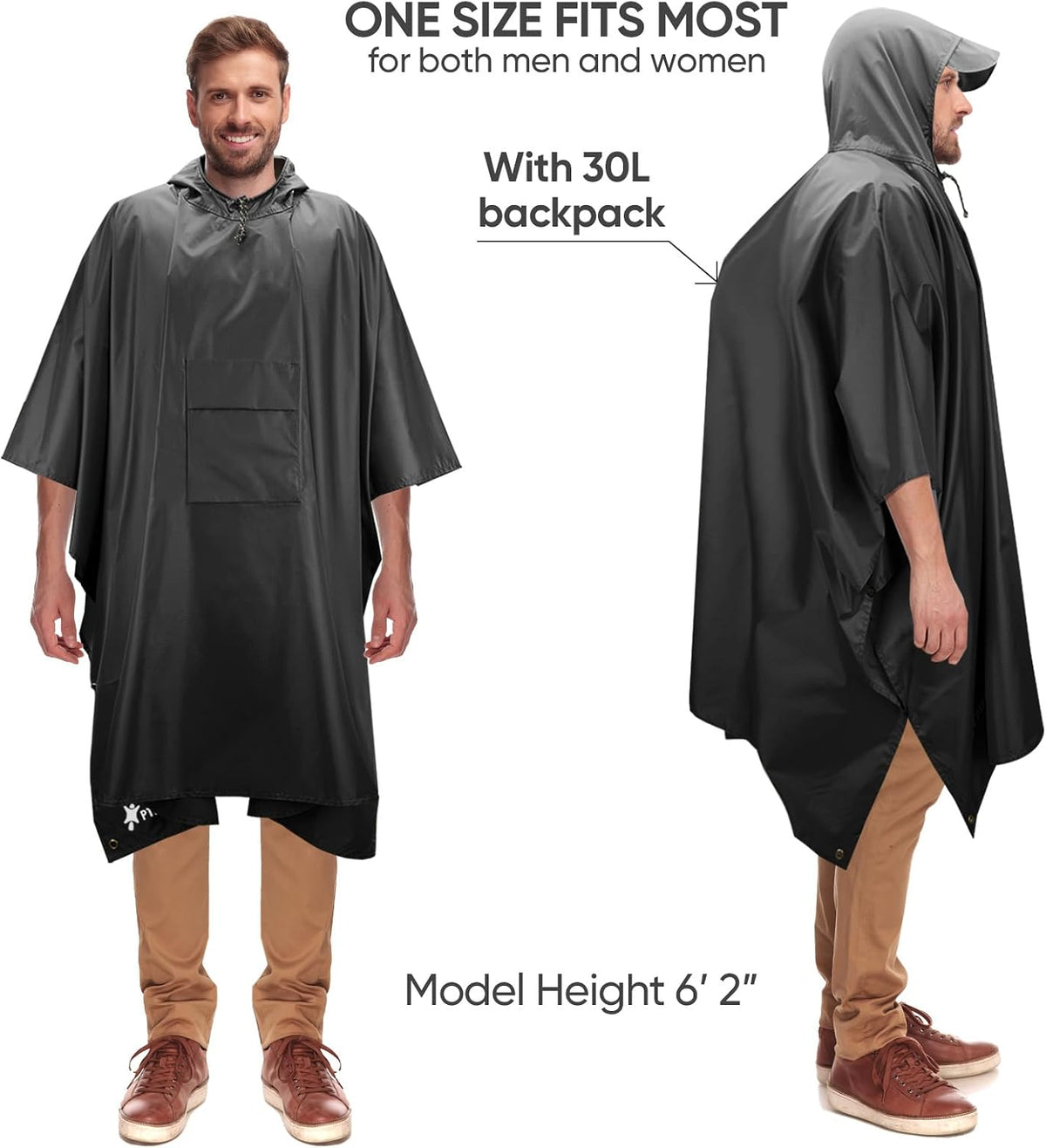 PTEROMY 3-in-1 Hooded Rain Poncho for Adult with Pocket, Waterproof Lightweight Unisex Raincoat for Hiking Camping Emergency