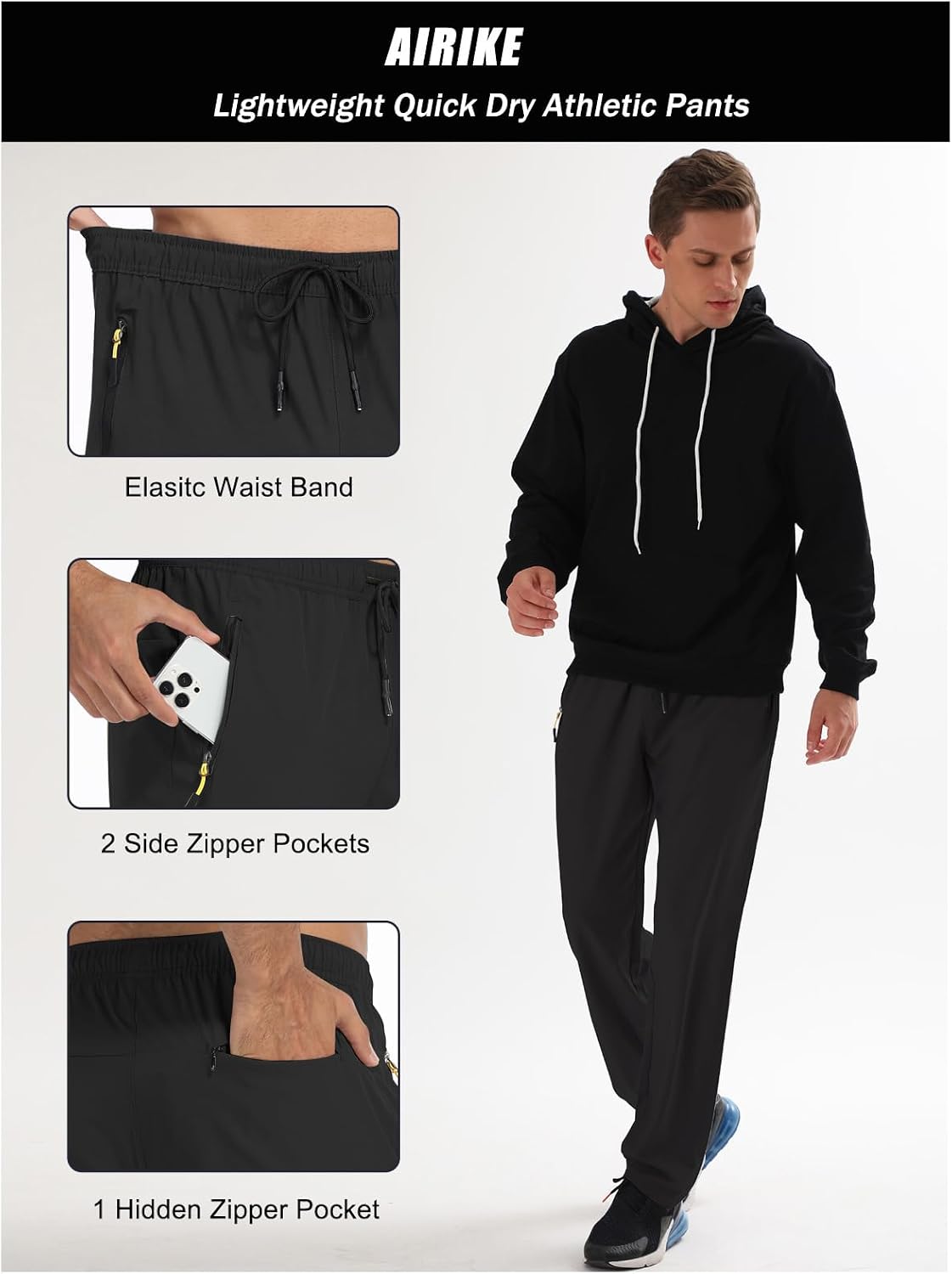 Men's Elastic Waist Hiking Pants Water Resistant Quick-Dry Lightweight Outdoor Sweatpants with Zipper Pockets