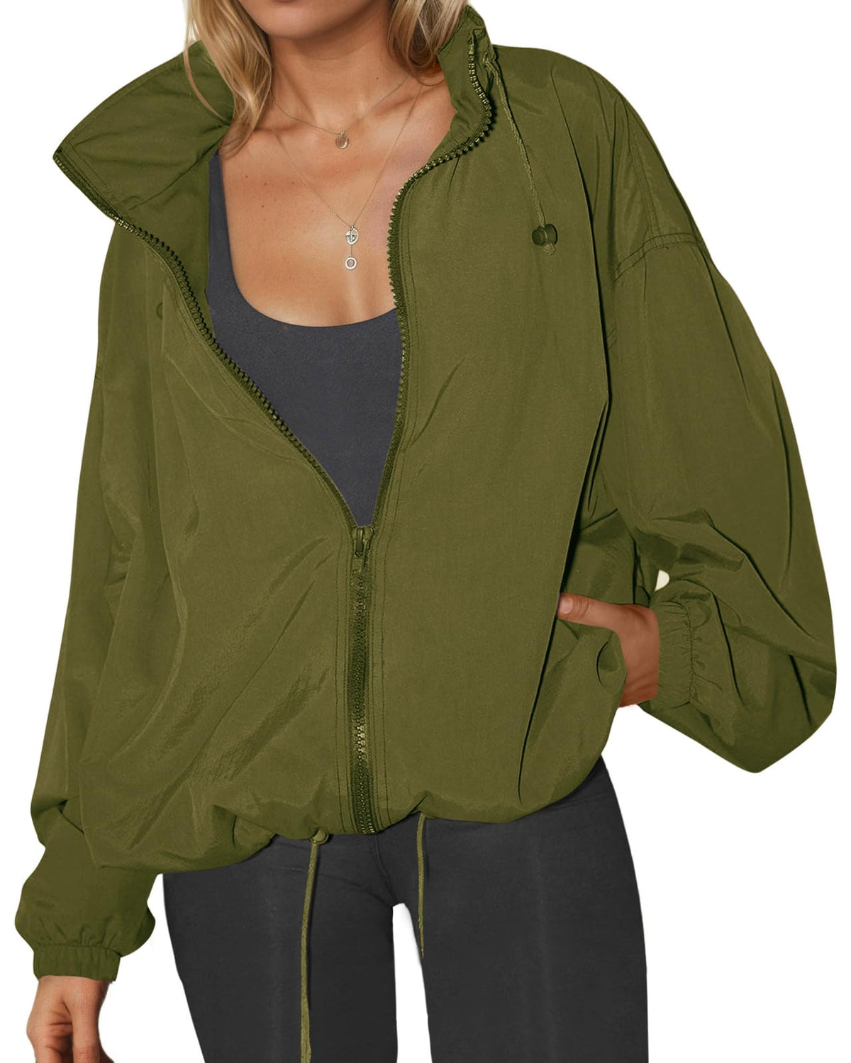 Womens Waterproof Rain Jackets Lightweight Zip Up Raincoat Outdoor Hiking Hooded Windbreaker with Pocket