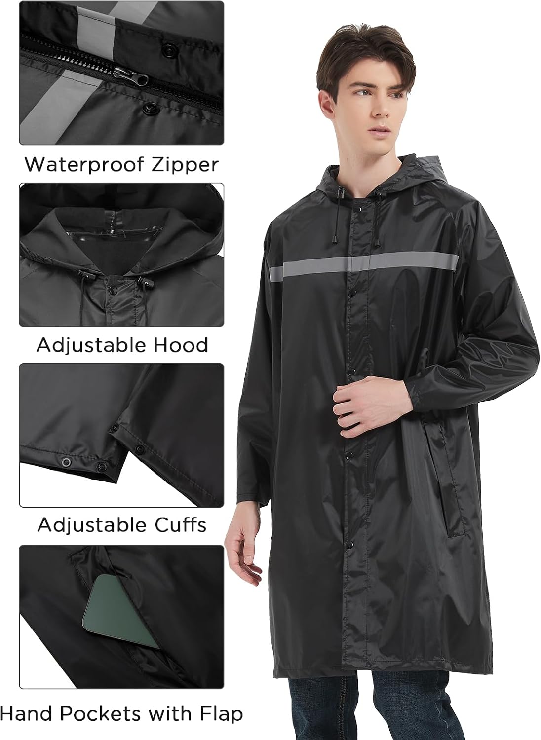 Mens Long Safety Rain Coats with Air Vents Reflective Stripes Waterproof Packable Rain Jacket with Hood Lightweight