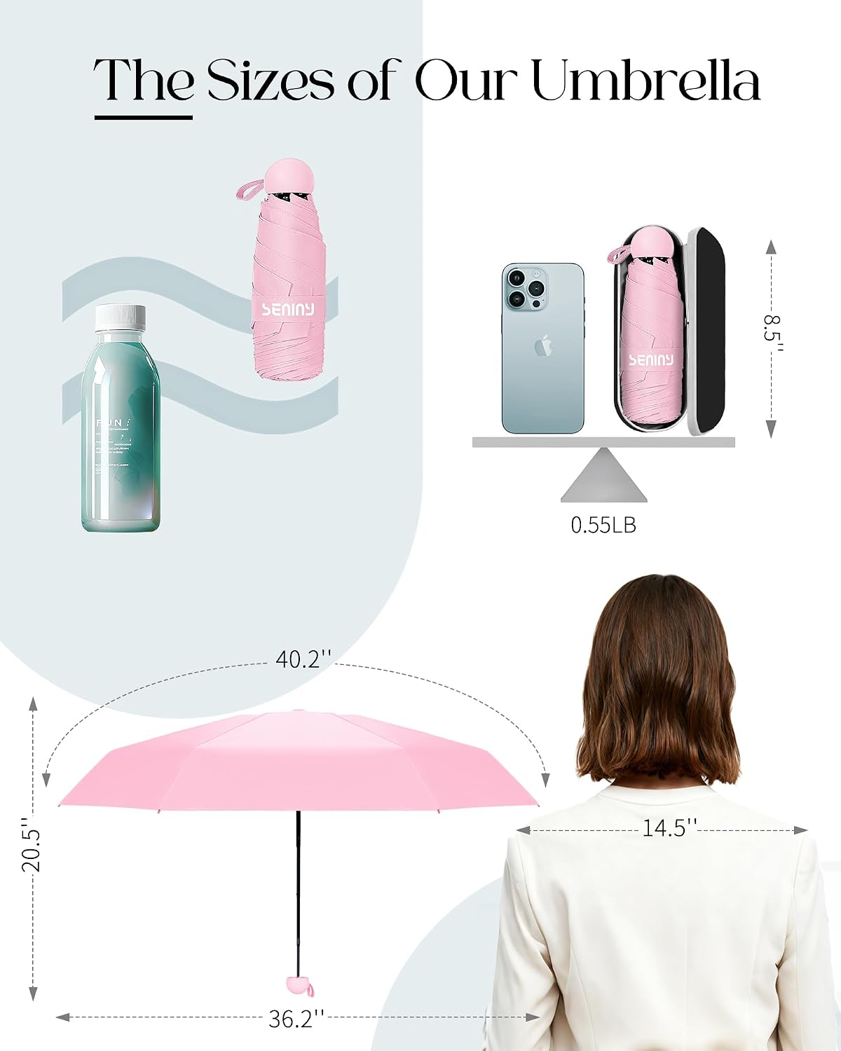 Seniny Mini Travel Umbrella with Case, Compact Pocket Size UV Sun & Rain | Tiny purse size fits pocket, UV protection waterproof fabric, lightweight folding, great for women kids daily travel