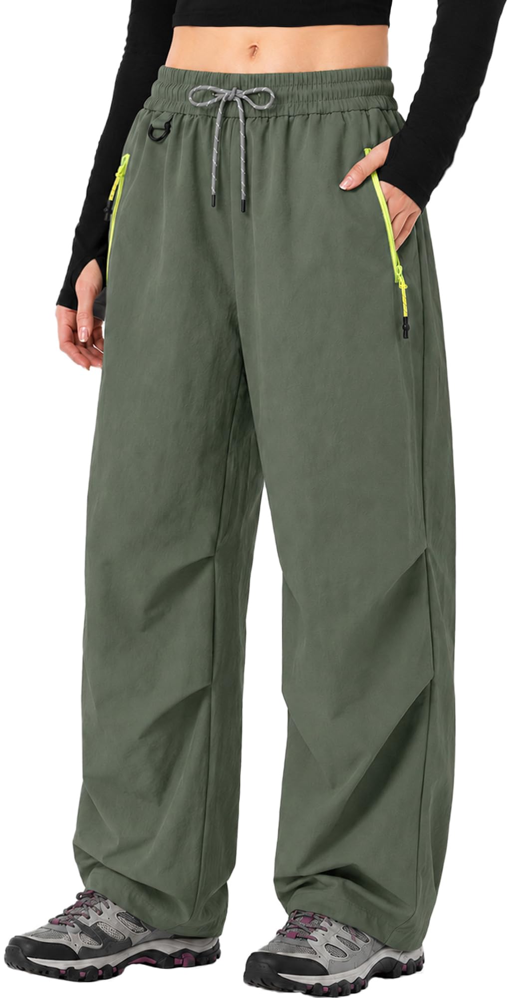 FEOYA Hiking Pants Women Parachute Pants Baggy Quick-Dry Water-Repellent | with Zipper Large Pockets Outdoor Travel Cargo Pants Casual Wear