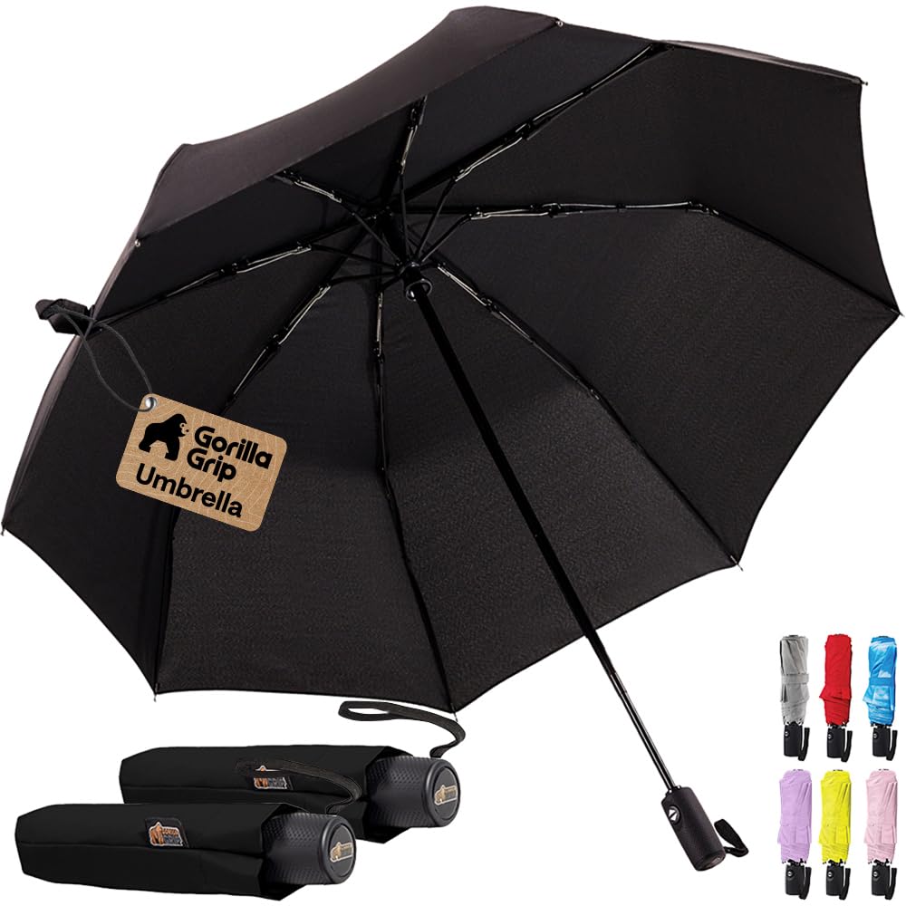 GORILLA GRIP Compact Travel Size Umbrella for Rain, Sleek Design Fits Backpack, Purse and Carry On, Lightweight Under 1lb, One Click Open and Close, Wind Resistant, Durable Waterproof, Cats Dogs