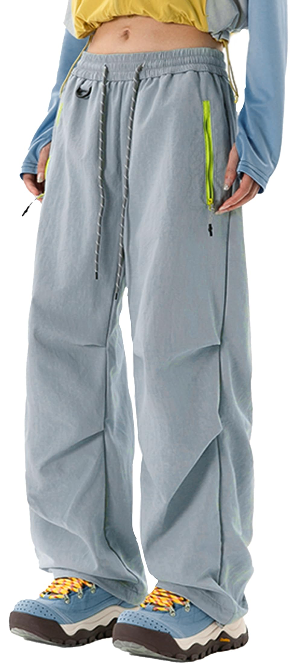 FEOYA Hiking Pants Women Parachute Pants Baggy Quick-Dry Water-Repellent | with Zipper Large Pockets Outdoor Travel Cargo Pants Casual Wear