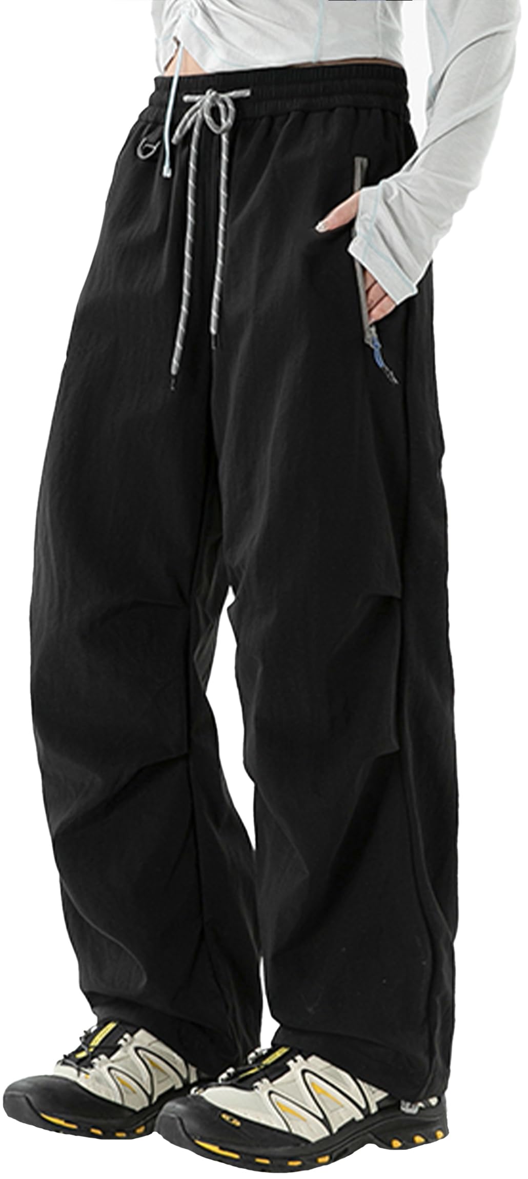 FEOYA Hiking Pants Women Parachute Pants Baggy Quick-Dry Water-Repellent | with Zipper Large Pockets Outdoor Travel Cargo Pants Casual Wear