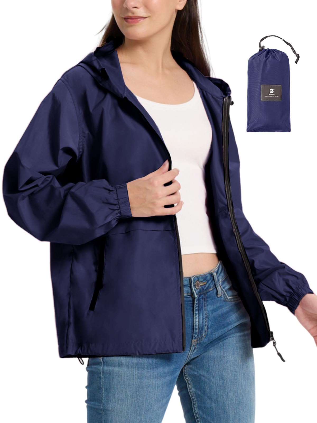 SaphiRose Lightweight Rain Jacket Women Waterproof Raincoat Packable | raincoat, rain coat, windbreaker, zip pockets, drawstring hem, hiking, camping, travel, ultra-portable