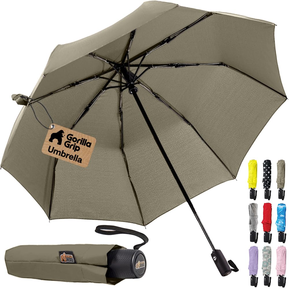 GORILLA GRIP Compact Travel Size Umbrella for Rain, Sleek Design Fits Backpack, Purse and Carry On, Lightweight Under 1lb, One Click Open and Close, Wind Resistant, Durable Waterproof, Cats Dogs