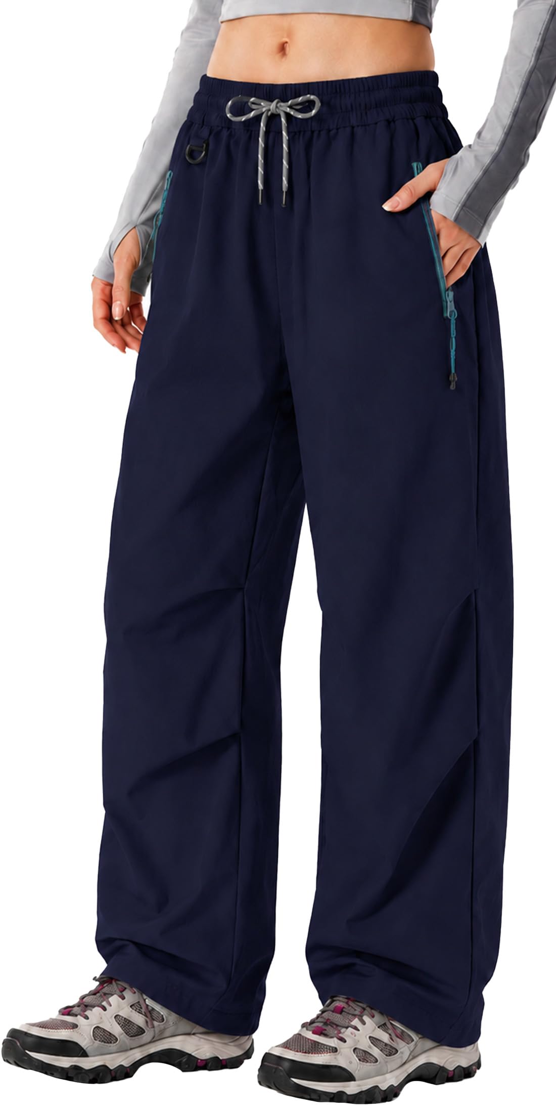 FEOYA Hiking Pants Women Parachute Pants Baggy Quick-Dry Water-Repellent | with Zipper Large Pockets Outdoor Travel Cargo Pants Casual Wear