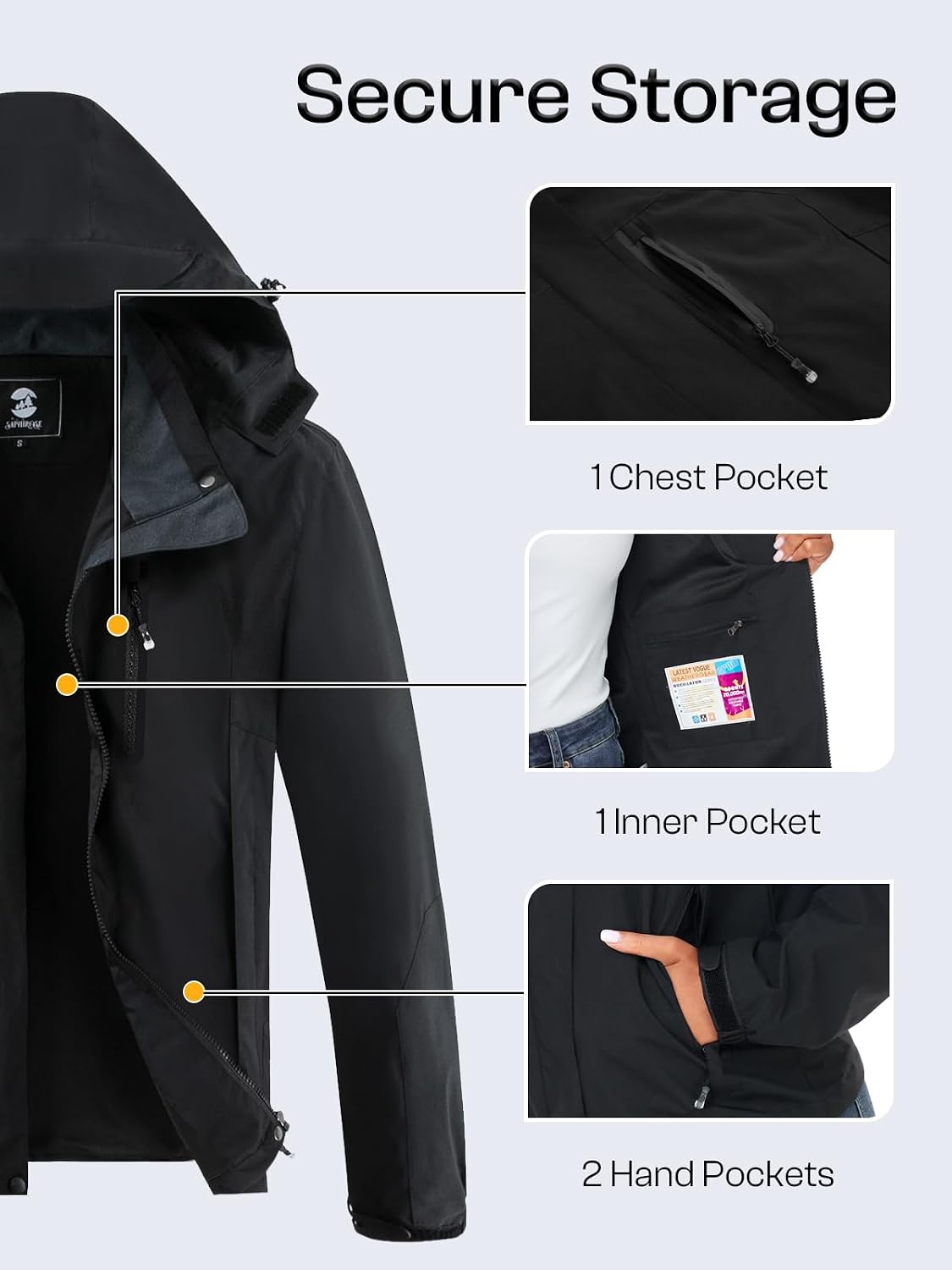 Womens Waterproof Rain jacket Lightweight Raincoat with Removable Hood | rain coat, windbreaker, breathable, 4 zip pockets, velcro cuffs, 2-way storm flap, mesh lining, active outdoor, camping