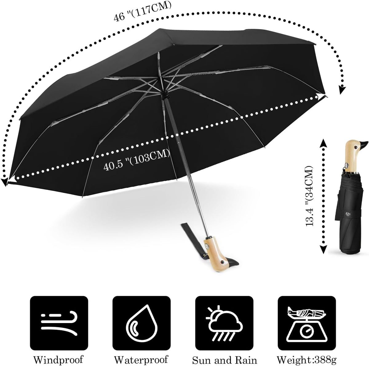 Duck Umbrella Cute Automatic Travel Size Compact Folding for Adults | Automatic duck wooden handle,Fit in handbag/backpack/suitcase,ideal gifts for women and kids