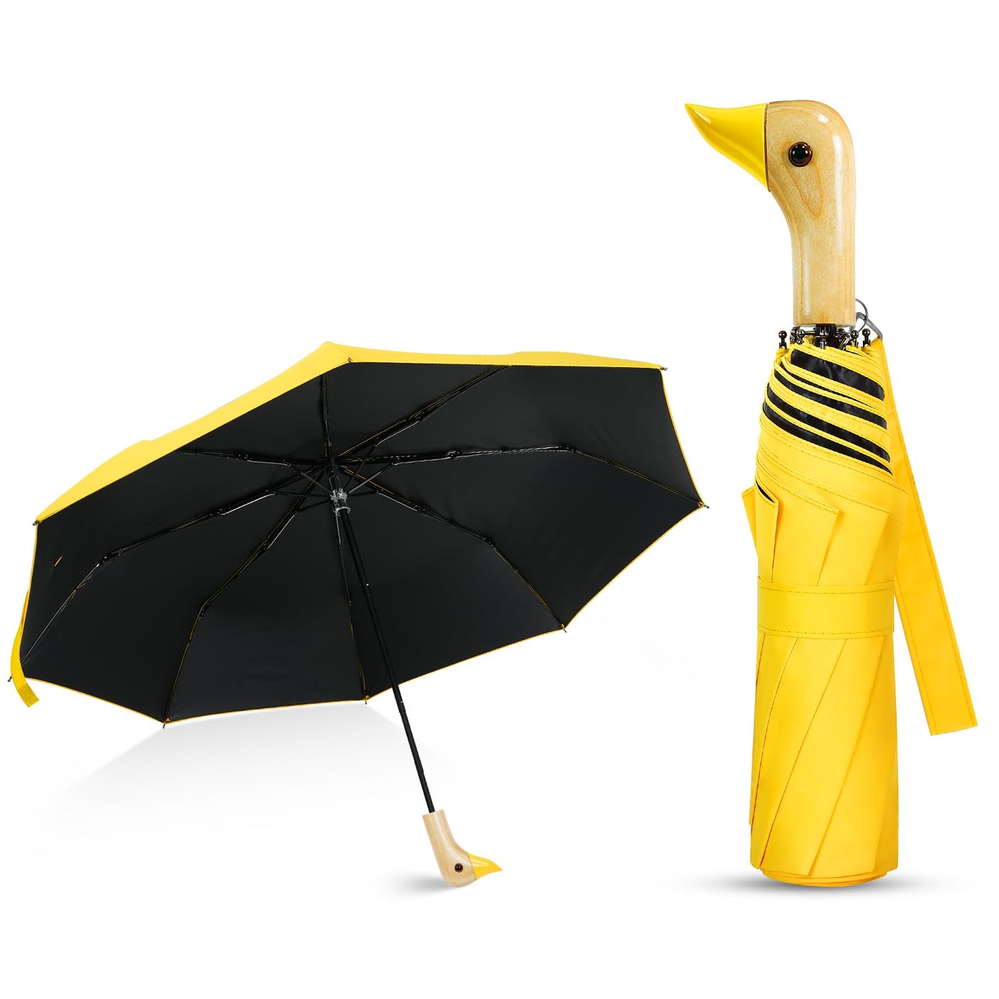 Cute Duck Handle Umbrella Compact Travel Wood Handle Folding for Rain | Cute duck handle for commute/school/trips, daily rain & gifts. Easy to carry with 17 inch fold, 42 inch arc