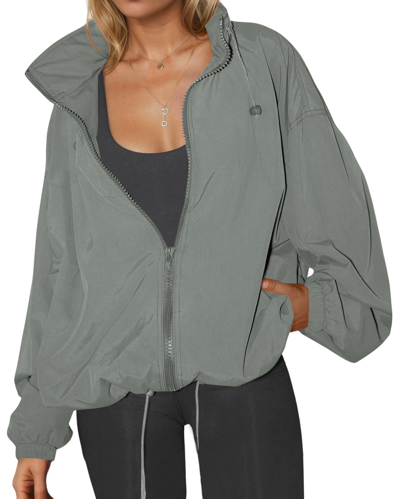 Womens Waterproof Rain Jackets Lightweight Zip Up Raincoat Outdoor Hiking Hooded Windbreaker with Pocket