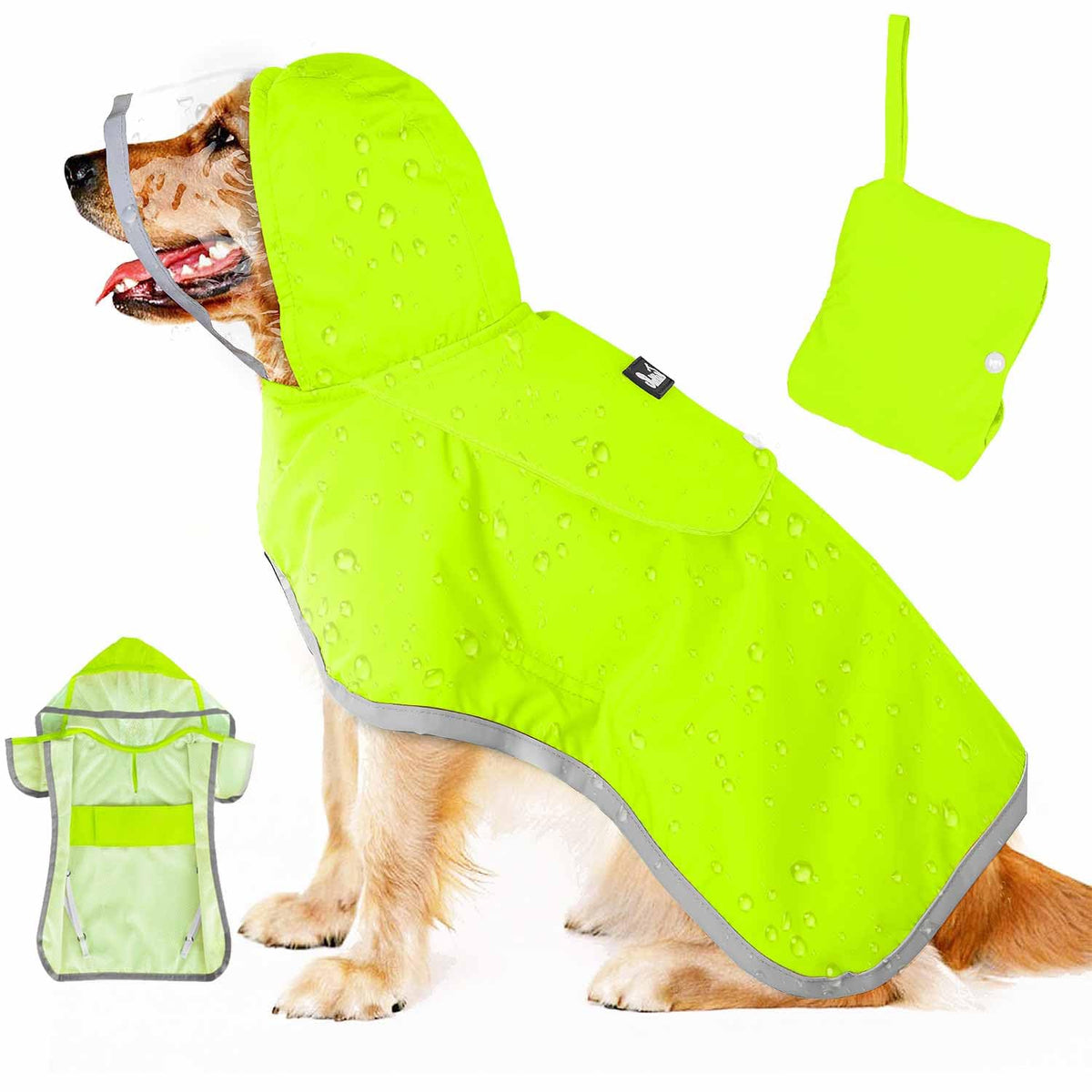 Lukovee Dog Raincoat, Waterproof Rain Jacket, Clear Hood & Reflective Rim | Easy On Off Adjustable Straps, Leash Hole, Soft Mesh Lining, Storage Pocket, Poncho for Small Medium Large Dogs (Yellow, 2XL)