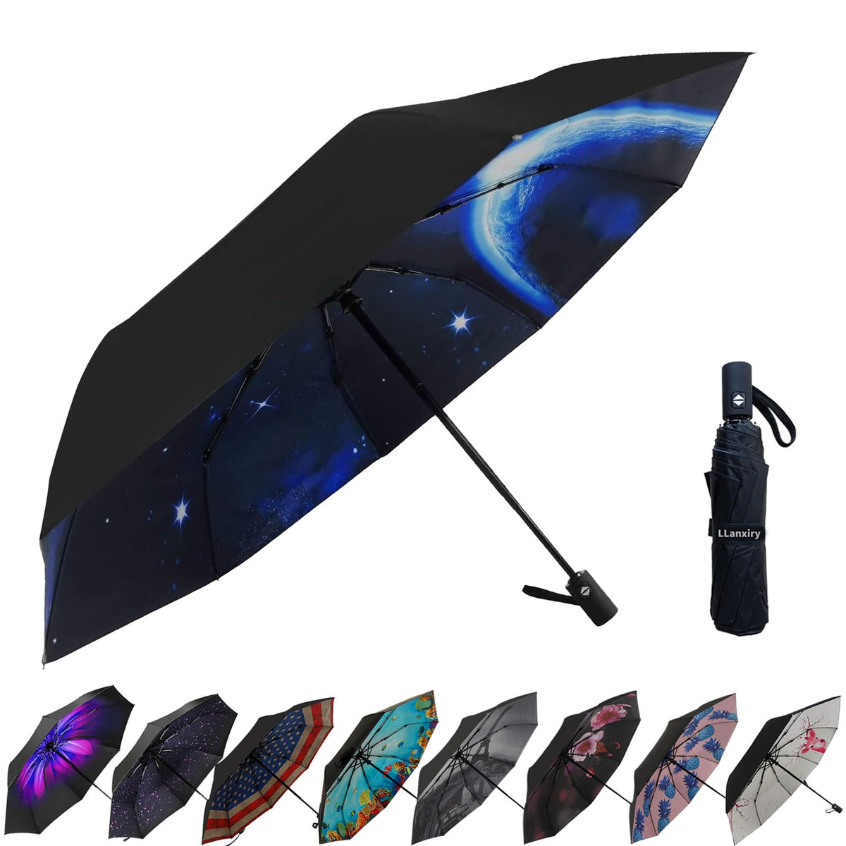 LLanxiry Compact Travel Umbrella, Windproof Automatic Umbrellas for Rain | Small, Portable, Folding, Lightweight, Waterproof, Backpacks, Purses, Cars, Commuting, Walk, School, Men, Women